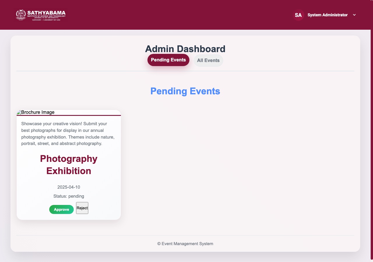 Admin dashboard — event approval workflow